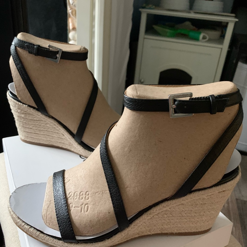 Calvin Klein Tan and Black Wedge Sandals